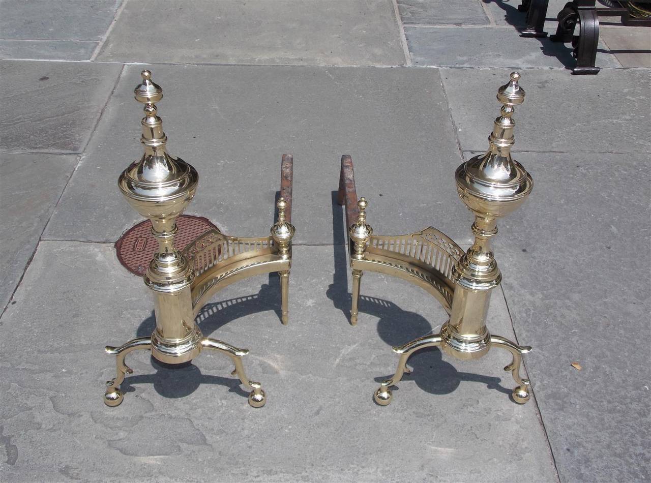 Pair of American Brass Urn Finial & Gallery Andirons. NY, Circa 1815, Wittingham In Excellent Condition For Sale In Hollywood, SC