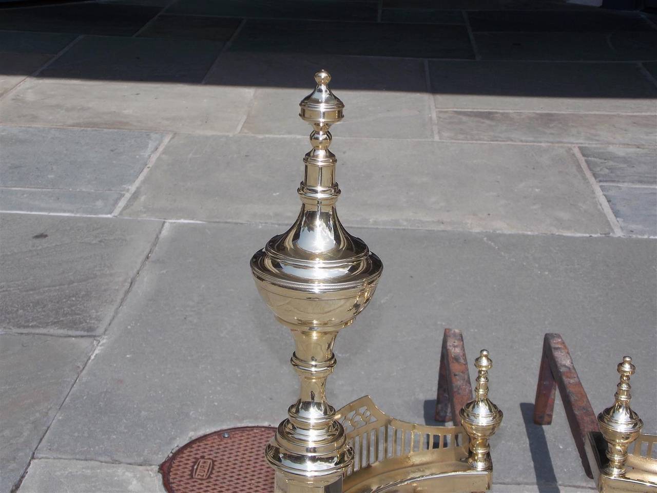 Pair of American Brass Urn Finial & Gallery Andirons. NY, Circa 1815, Wittingham For Sale 1