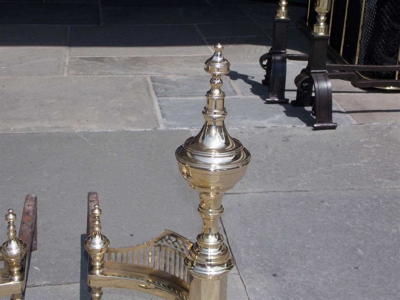 Pair of American Brass Urn Finial & Gallery Andirons. NY, Circa 1815, Wittingham For Sale 3