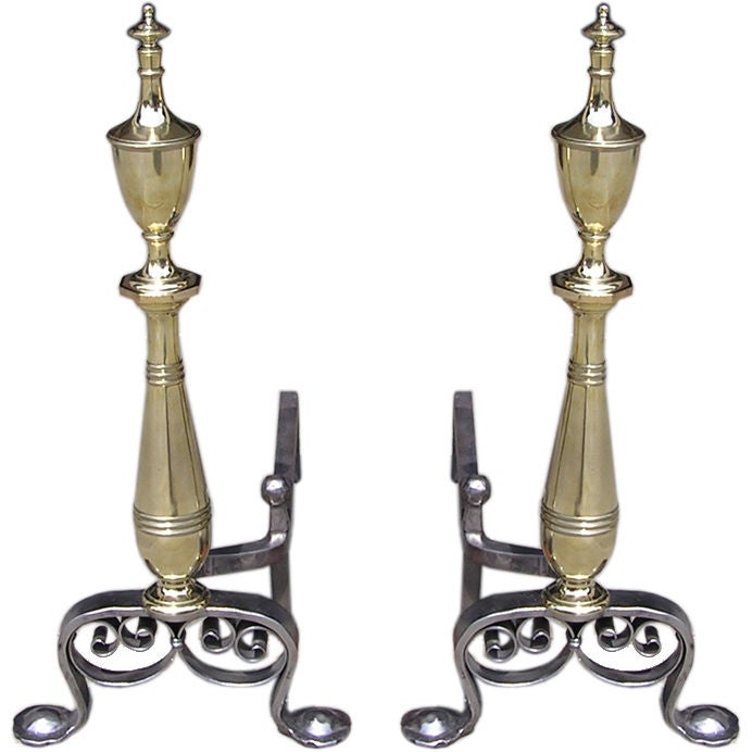 American Brass and Polished Steel Andirons