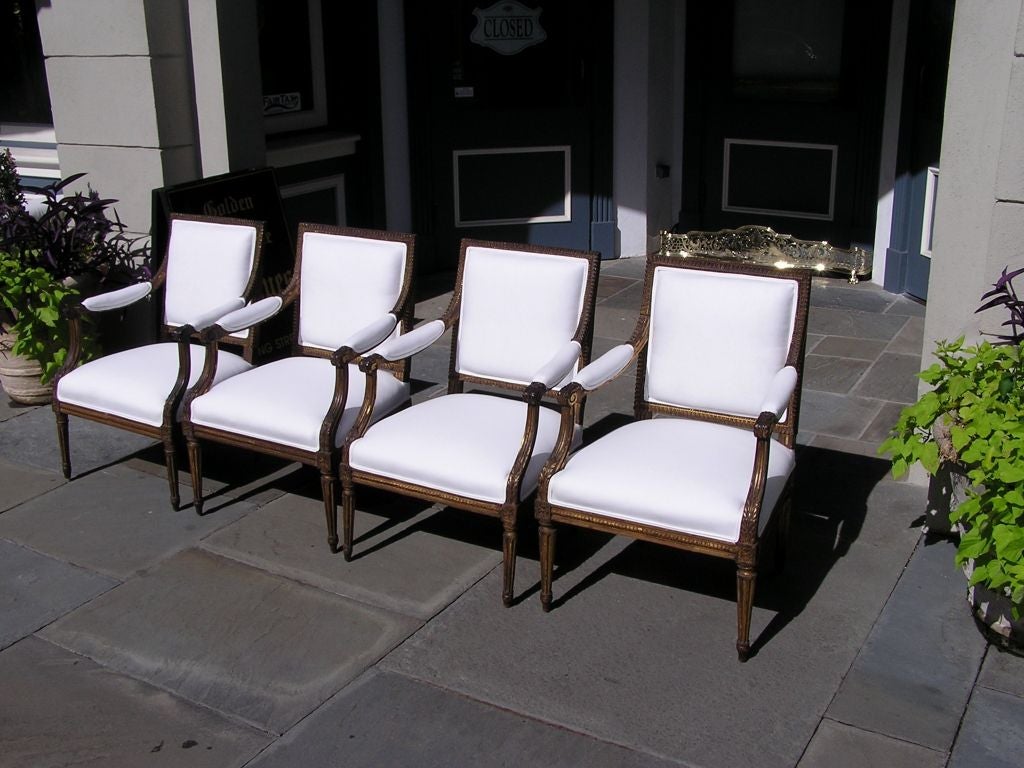 19th Century Set of Four French Gilt Arm Chairs For Sale