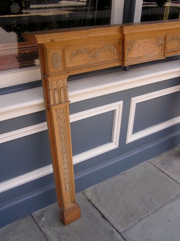 Hand-Carved English Georgian Pine Classical Mantle with Carved Foliage & Medallions. C 1780 For Sale
