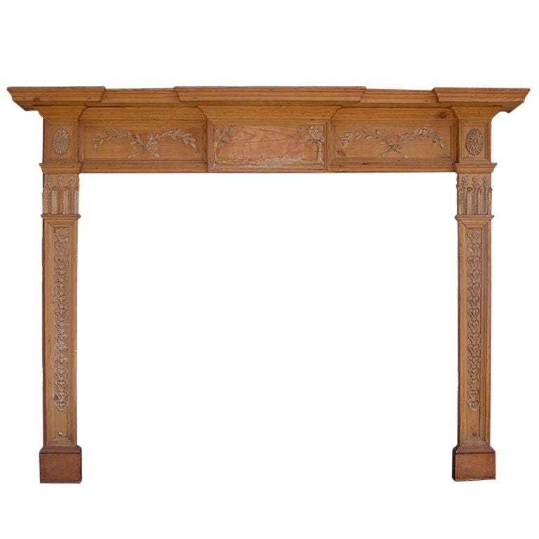 English Georgian Pine Classical Mantle with Carved Foliage & Medallions. C 1780 For Sale