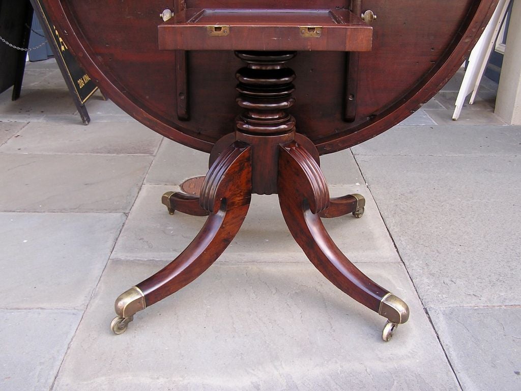 Brass Barbados Mahogany One Board Tilt Top Center Table. Circa 1800