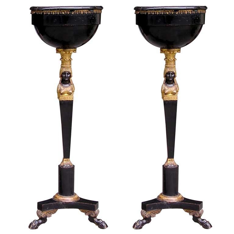 Pair of Russian Gilt Figural and Ebonized Marble Top Pedestals, Circa 1790