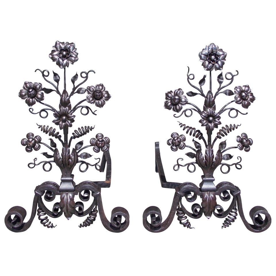 Pair of Italian Wrought Iron and Floral Andirons with Scroll Legs. Circa 1830 For Sale