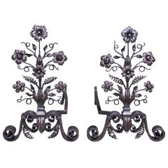 Pair of Italian Wrought Iron and Floral Andirons with Scroll Legs. Circa 1830