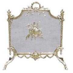 Antique French Brass Decorative Floral Fire Screen