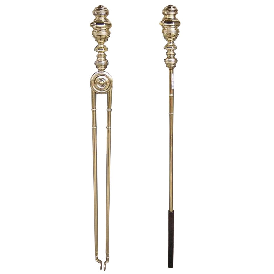 Period Pair of American Brass Fireplace Tools.  Circa 1820 For Sale