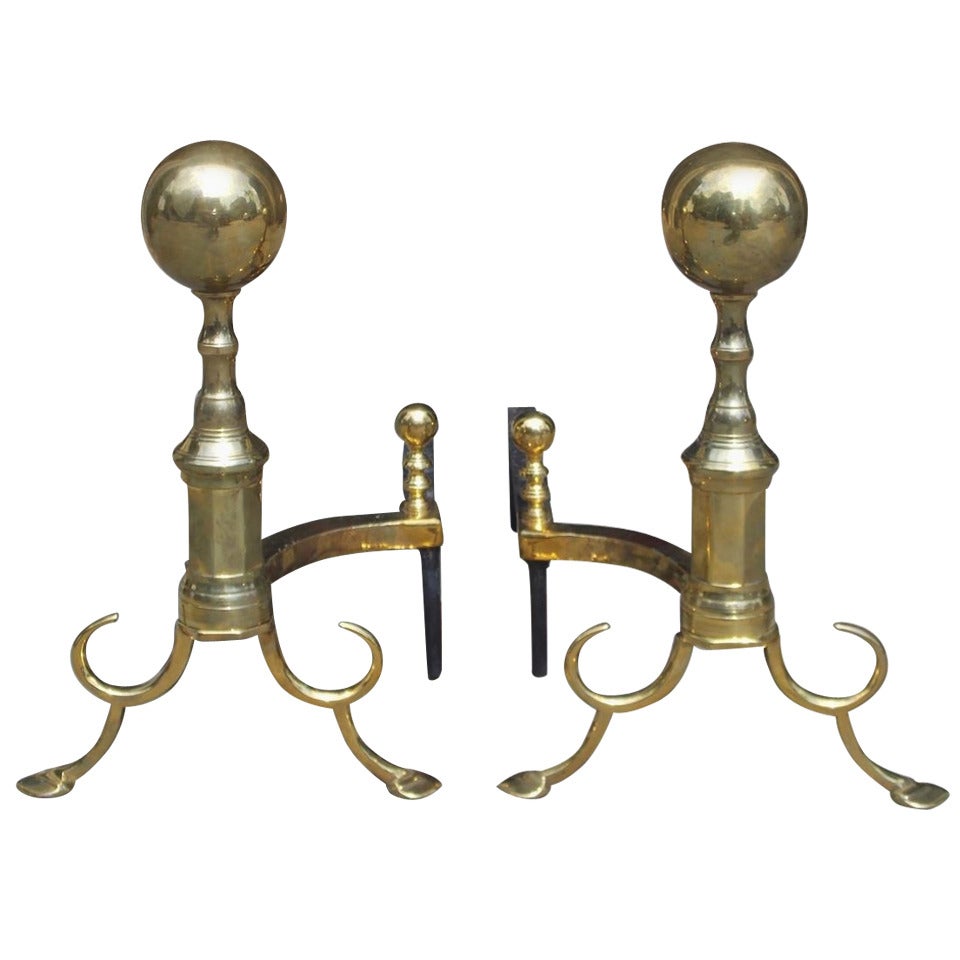 Pair of American Brass Ball Top and Spur Andirons.  Boston, Circa 1790 For Sale