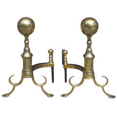 Pair of American Brass Ball Top and Spur Andirons.  Boston, Circa 1790
