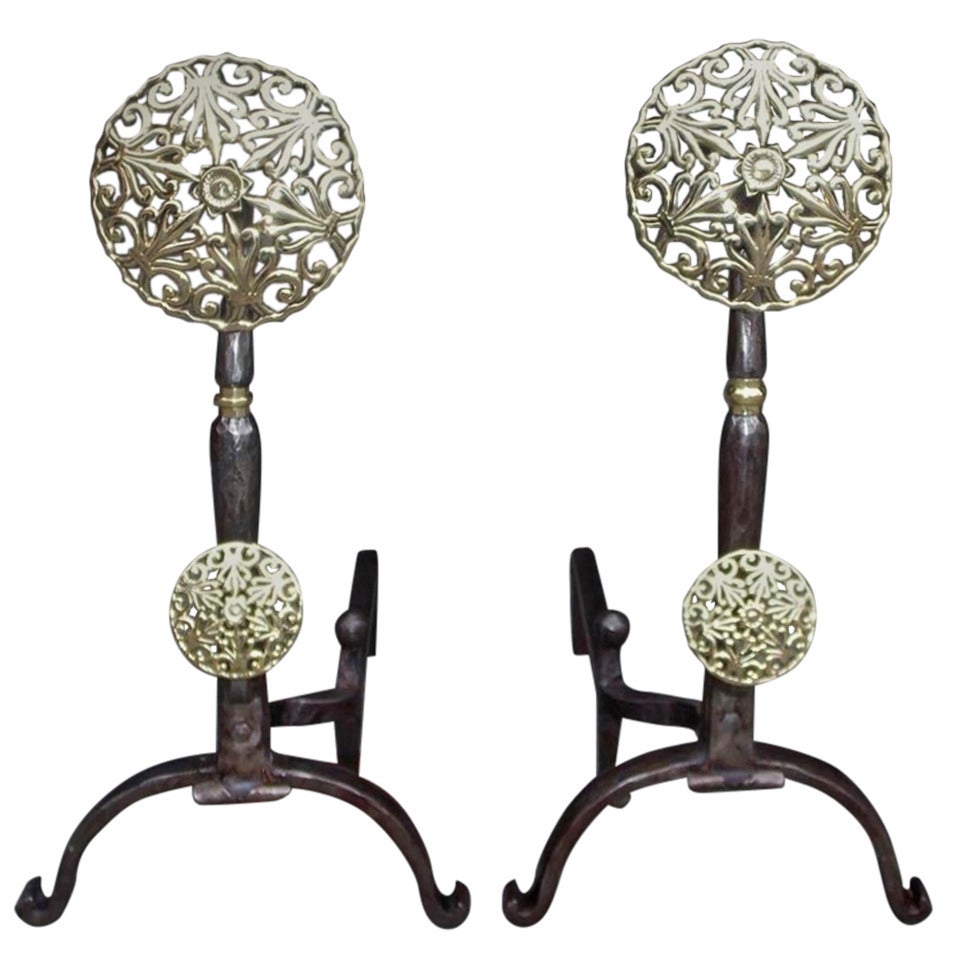 Pair of Italian Brass and Polished Steel Double Medallion Andirons, Circa 1830