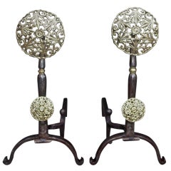 Antique Pair of Italian Brass and Polished Steel Double Medallion Andirons, Circa 1830