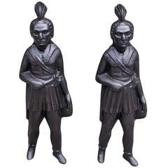 Antique Pair of American Cast Iron Figural Indian Andirons, Circa 1870