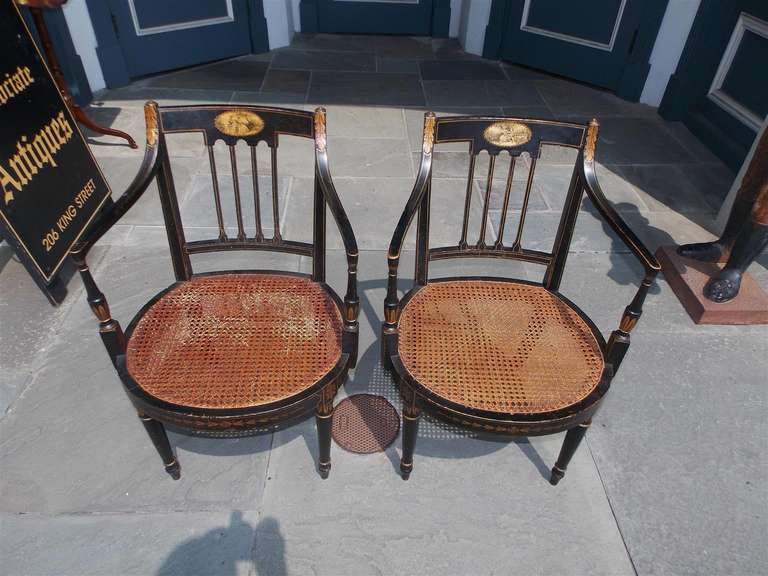 British Pair of English Regency Stenciled and Gilt Armchairs, Circa 1790 For Sale