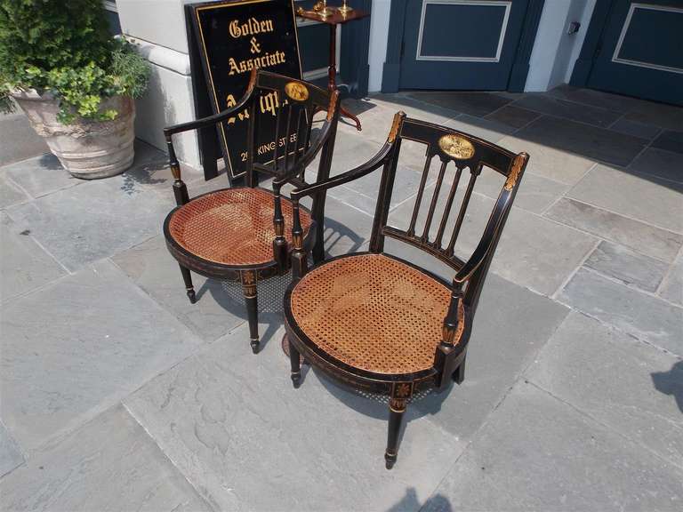 18th Century and Earlier Pair of English Regency Stenciled and Gilt Armchairs, Circa 1790 For Sale