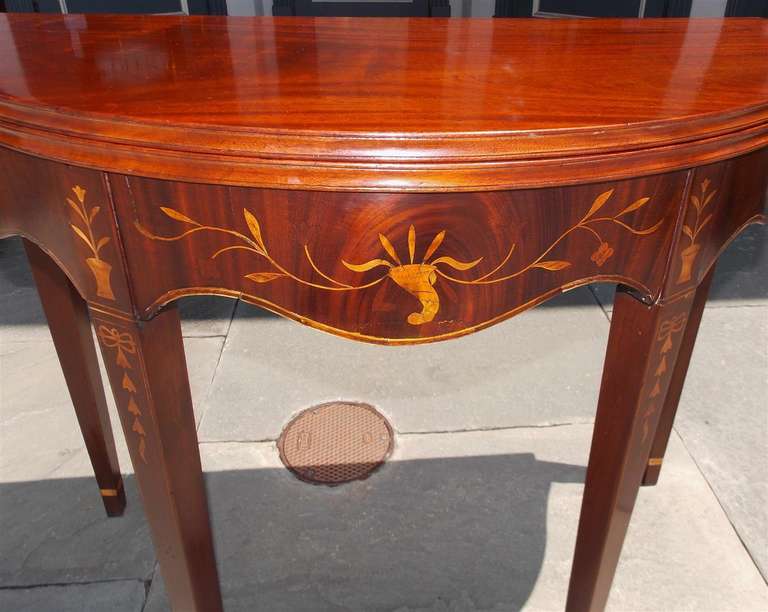 American Mahogany Demilune Inlaid Game Table, Circa 1780 For Sale 1