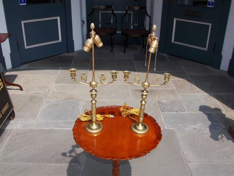 Pair of French Brass Decorative Chased Candlestick Lamps, Circa 1840