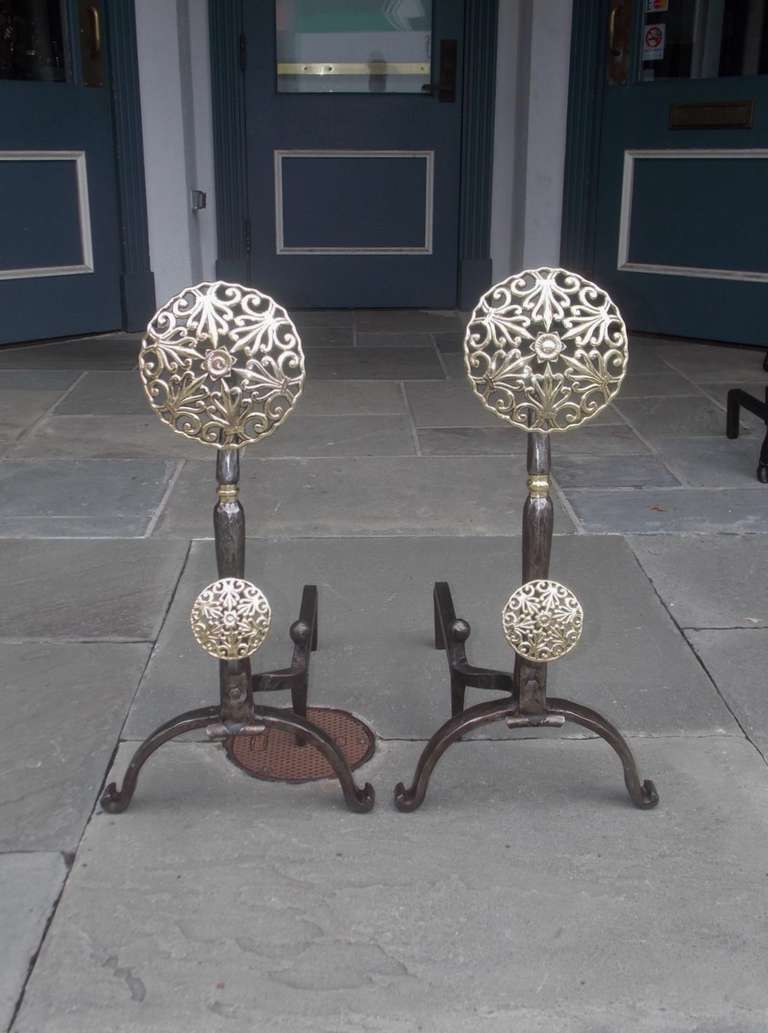 Pair of Italian Brass and Polished Steel Double Medallion Andirons, Circa 1830 In Excellent Condition For Sale In Hollywood, SC