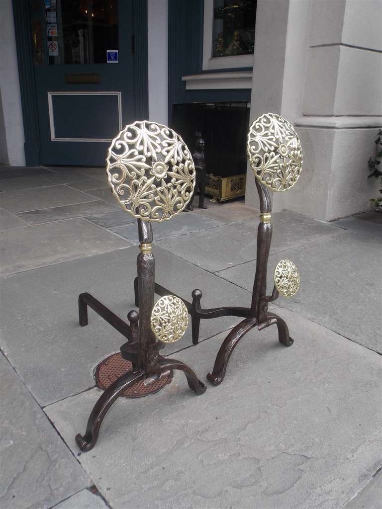 19th Century Pair of Italian Brass and Polished Steel Double Medallion Andirons, Circa 1830 For Sale