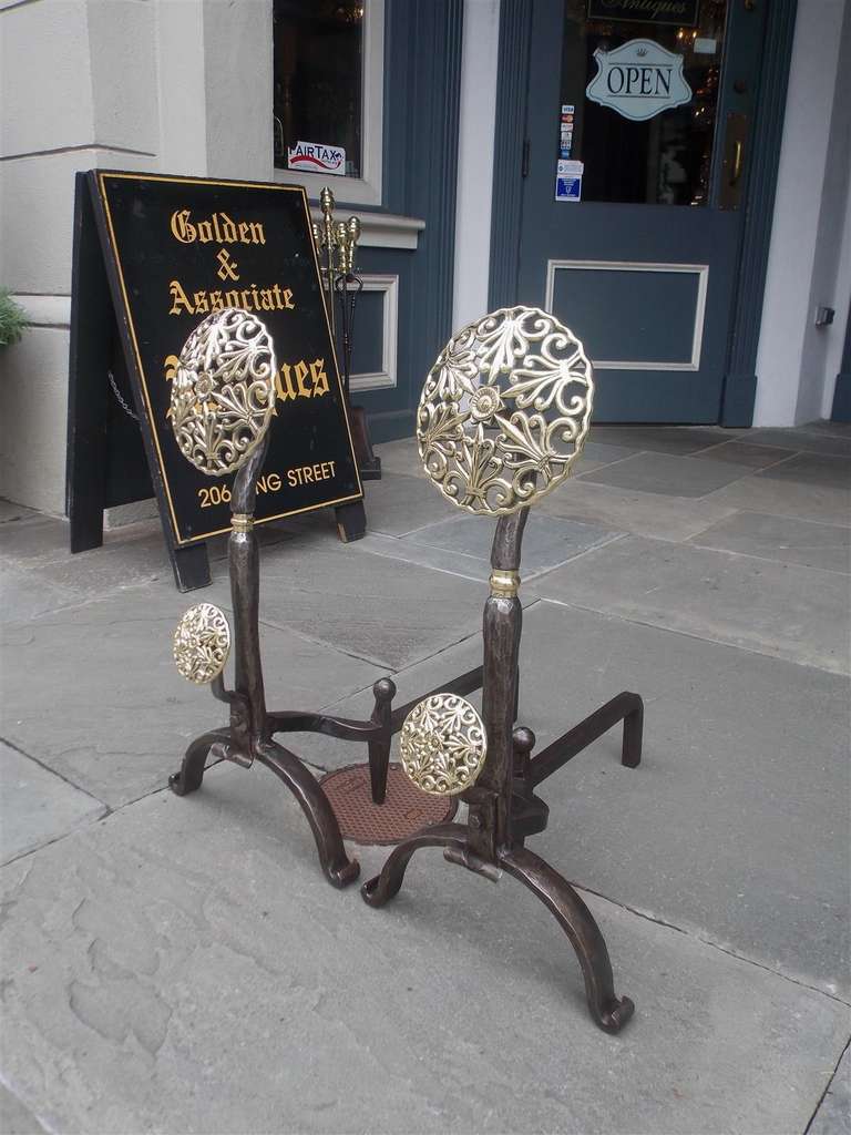 Pair of Italian Brass and Polished Steel Double Medallion Andirons, Circa 1830 For Sale 1