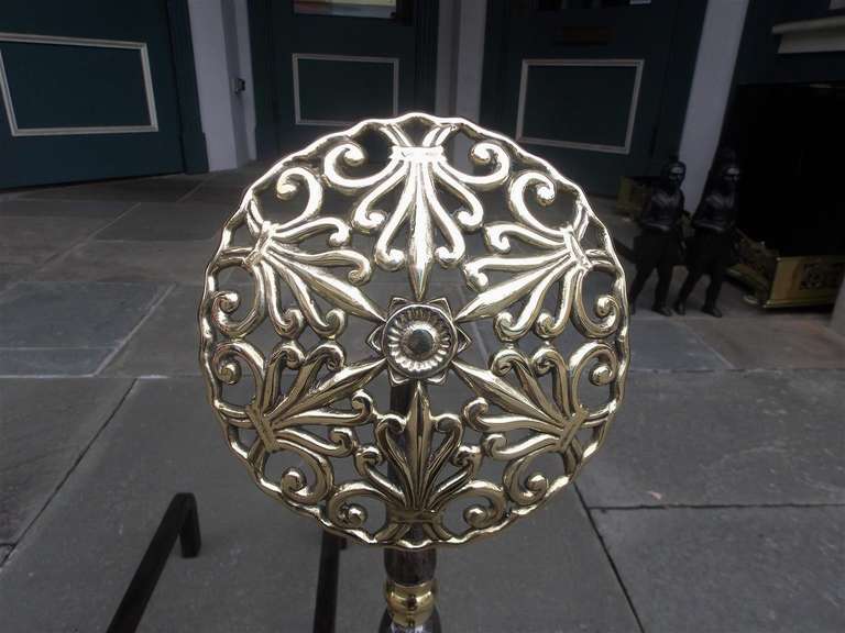 Pair of Italian Brass and Polished Steel Double Medallion Andirons, Circa 1830 For Sale 2