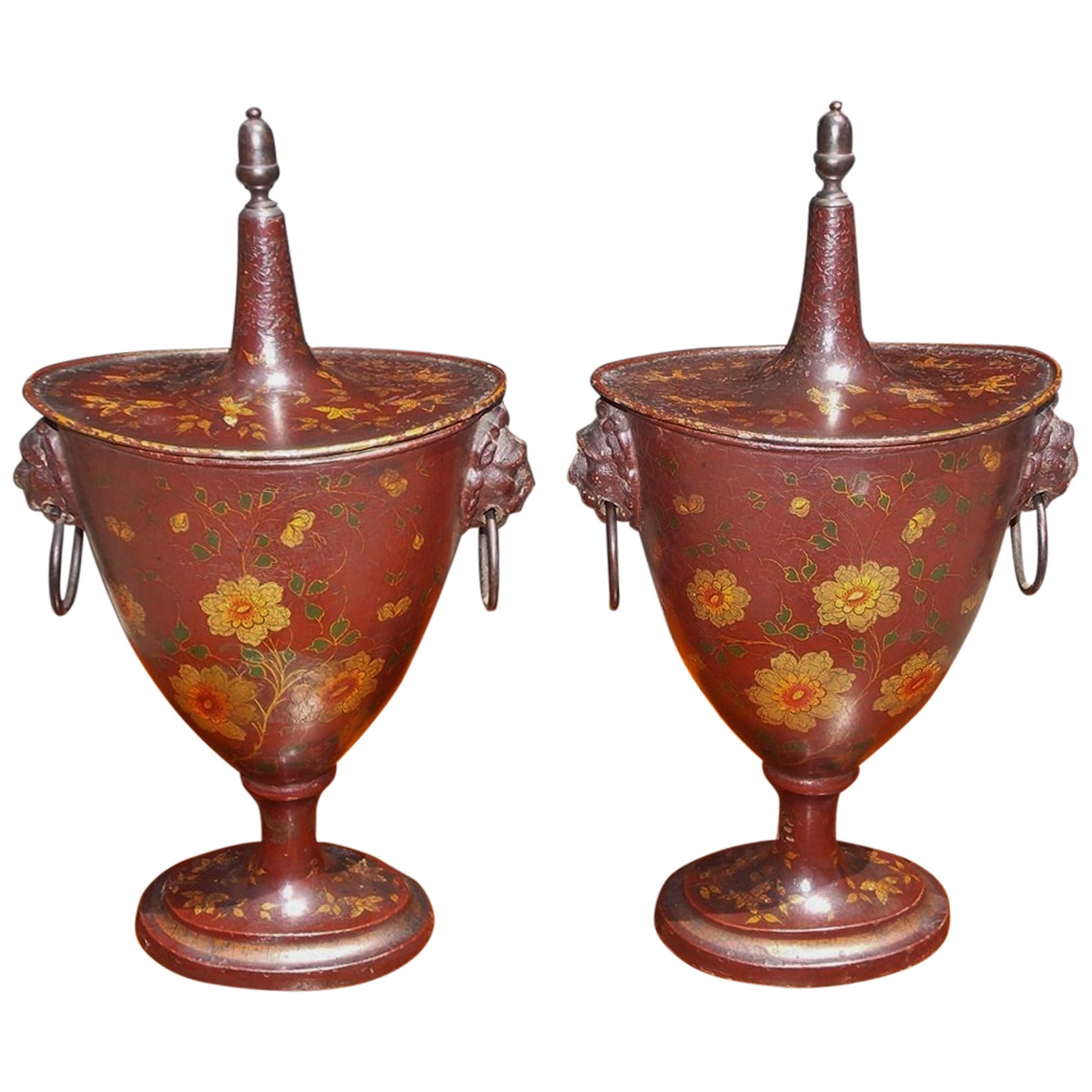 Pair of English Regency Tole Chestnut Urns, Circa 1810 For Sale