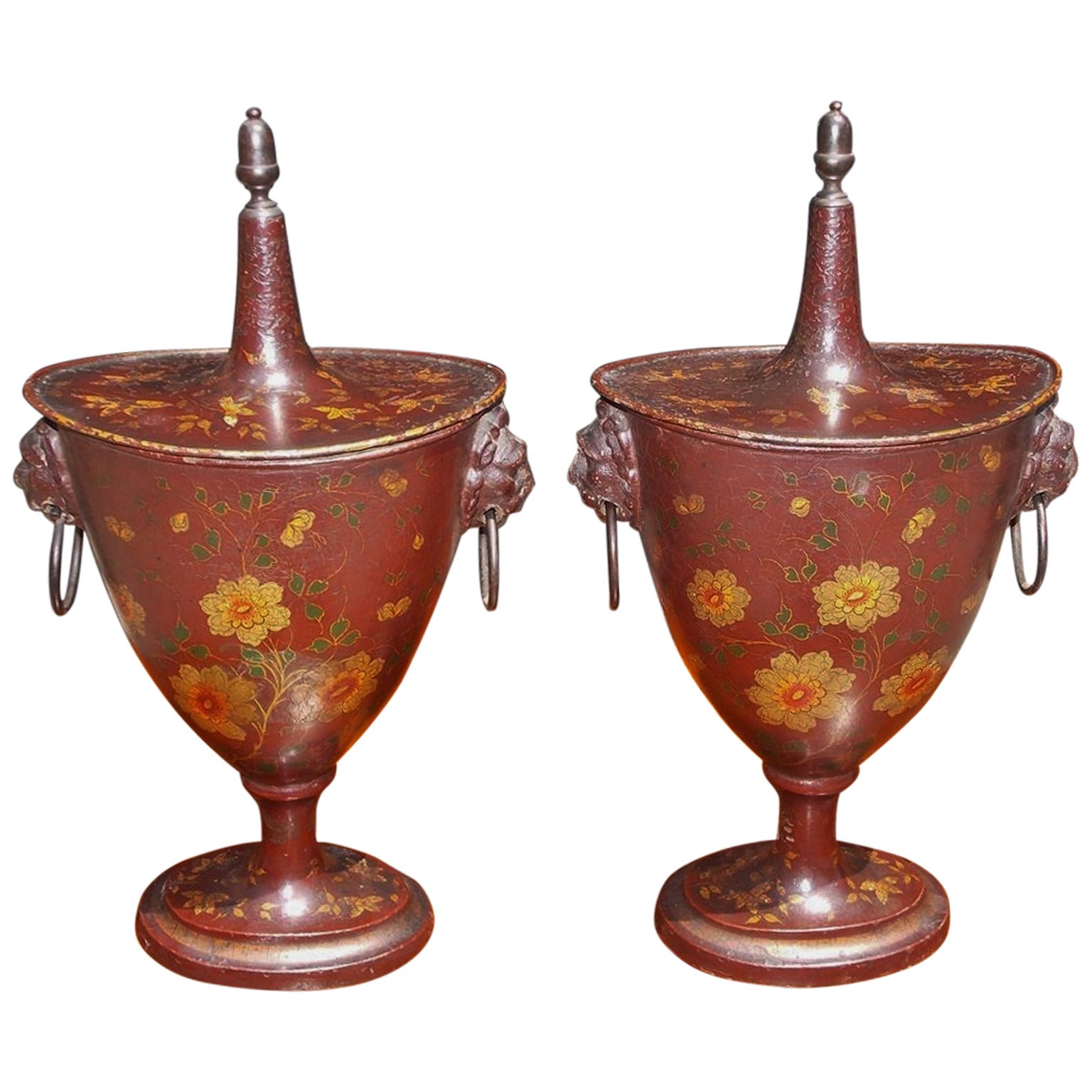 Pair of English Regency Tole Chestnut Urns, Circa 1810