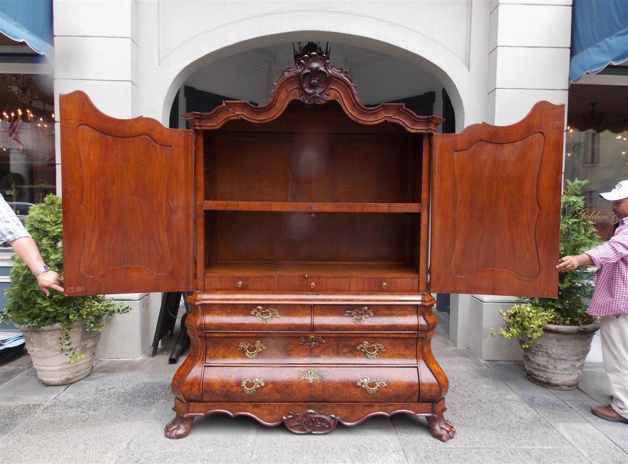 Hand-Carved Dutch Chippendale Burl Walnut Bombay Linen Press with Orig. Brasses, Circa 1780 For Sale