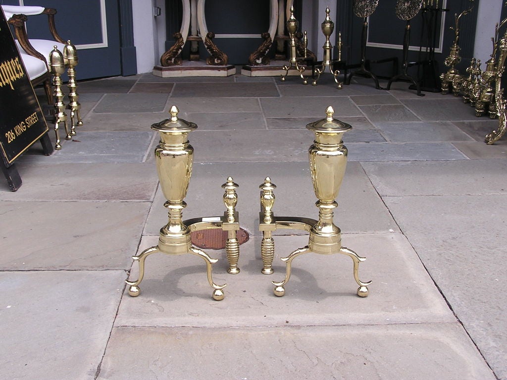 American Colonial Pair of American Brass Urn Finial Andirons with Spur Legs & Ball Feet, C 1810 MA