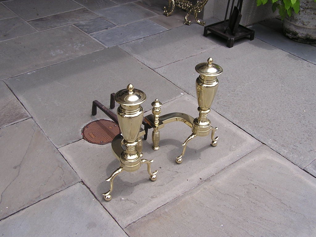 Cast Pair of American Brass Urn Finial Andirons with Spur Legs & Ball Feet, C 1810 MA