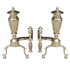 Pair of American Brass Urn Finial Andirons with Spur Legs & Ball Feet, C 1810 MA
