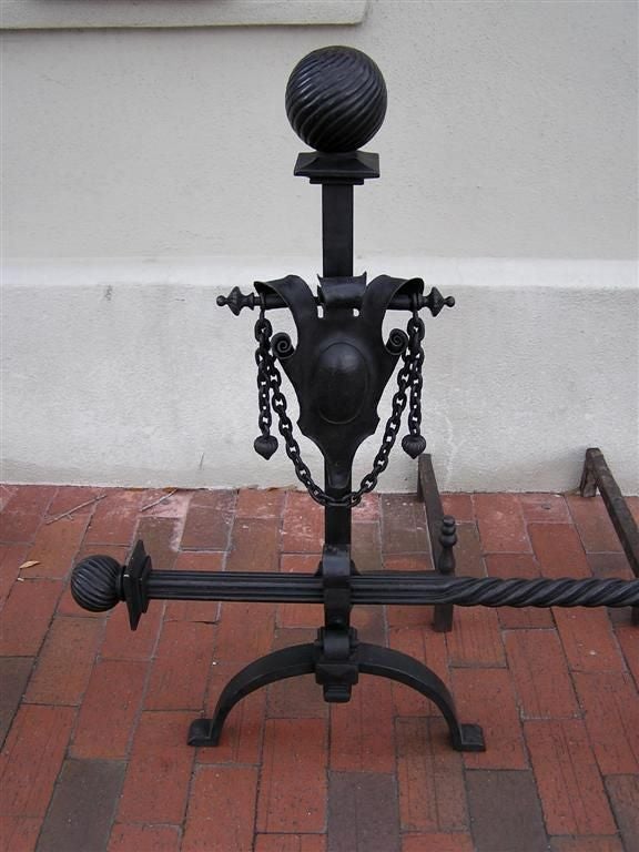 American Empire Pair of American Wrought Iron Shield Andirons with Decorative Crossbar, C. 1820 For Sale