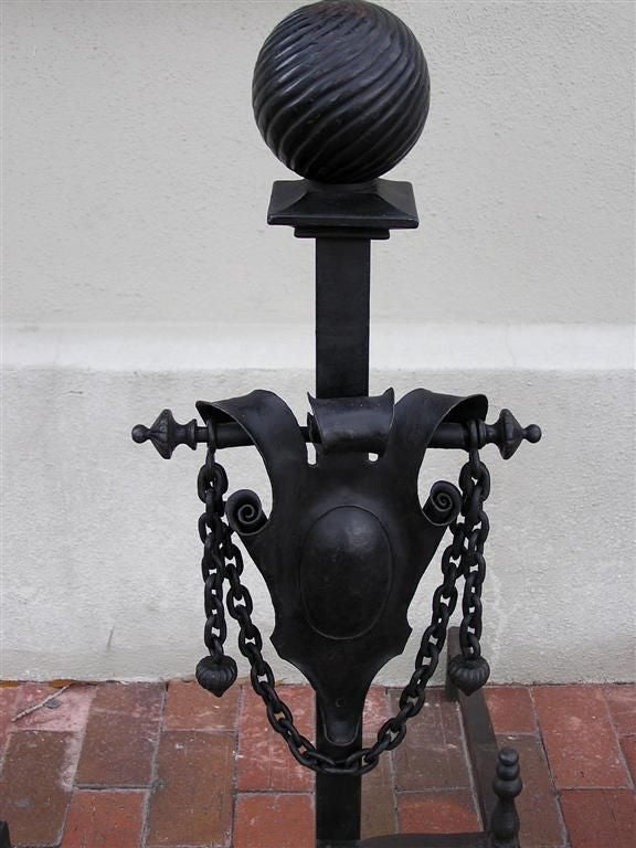 Pair of American Wrought Iron Shield Andirons with Decorative Crossbar, C. 1820 In Excellent Condition For Sale In Hollywood, SC