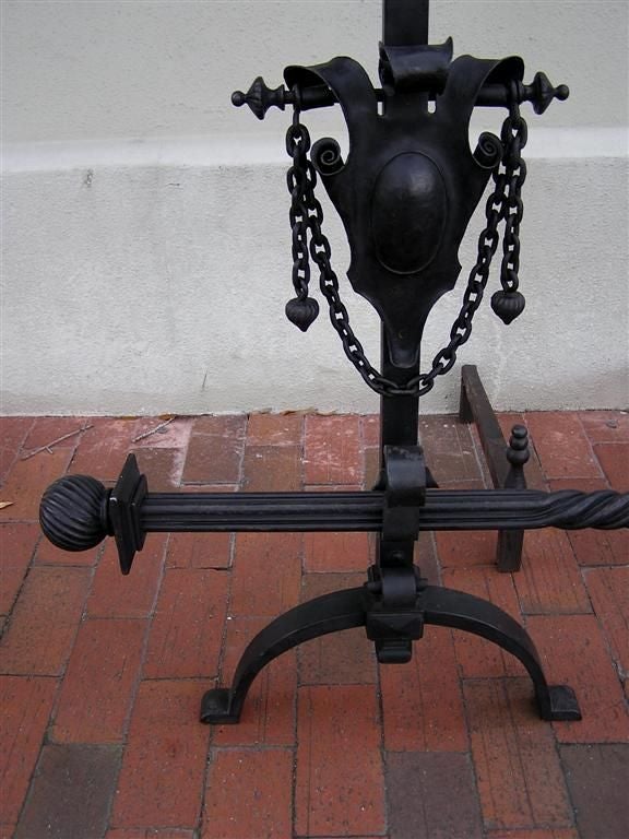 Pair of American Wrought Iron Shield Andirons with Decorative Crossbar, C. 1820 For Sale 1