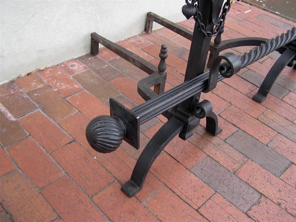 Pair of American Wrought Iron Shield Andirons with Decorative Crossbar, C. 1820 For Sale 2