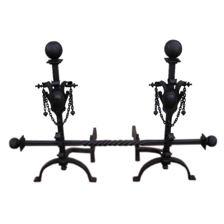 Pair of American Wrought Iron Shield Andirons with Decorative Crossbar, C. 1820 For Sale