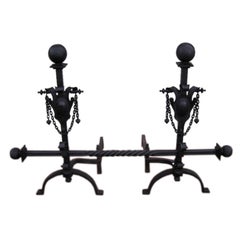 Antique Pair of American Wrought Iron Shield Andirons with Decorative Crossbar, C. 1820