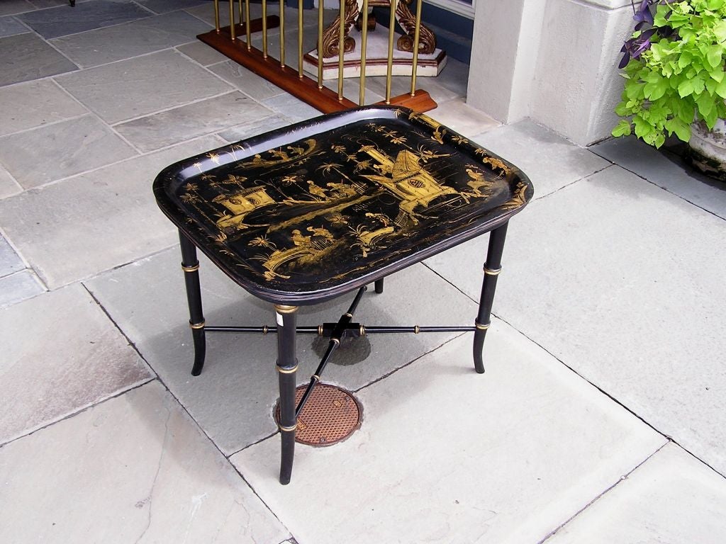 English Chinoiserie Paper Mache Tray On Stand In Excellent Condition In Hollywood, SC