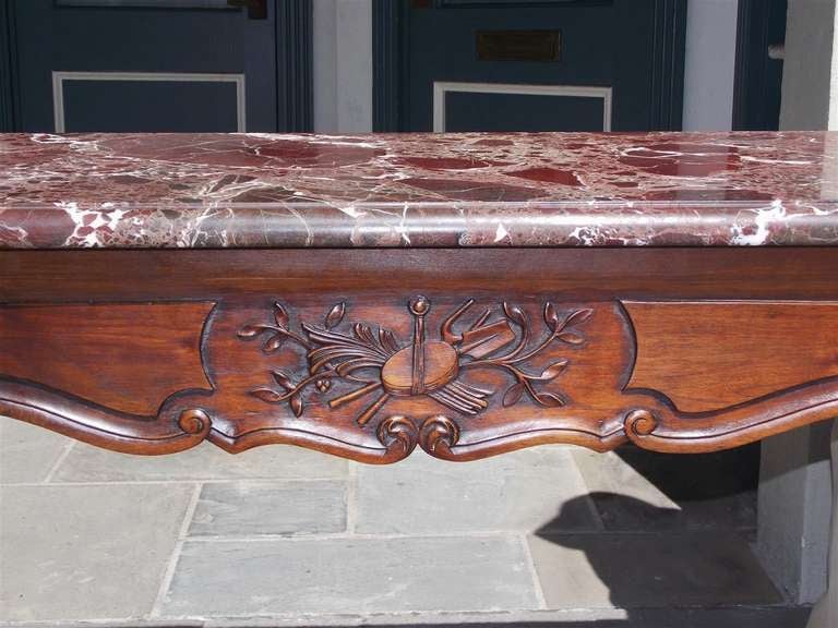 Hand-Carved Pair of French Walnut Marble Top Wall Mounted Consoles, Circa 1790 For Sale
