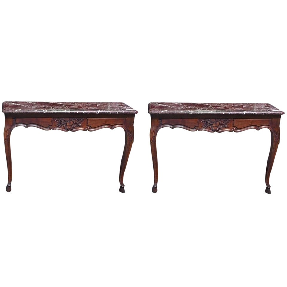 Pair of French Walnut Marble Top Wall Mounted Consoles, Circa 1790