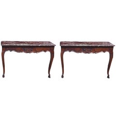 Pair of French Walnut Marble Top Wall Mounted Consoles, Circa 1790