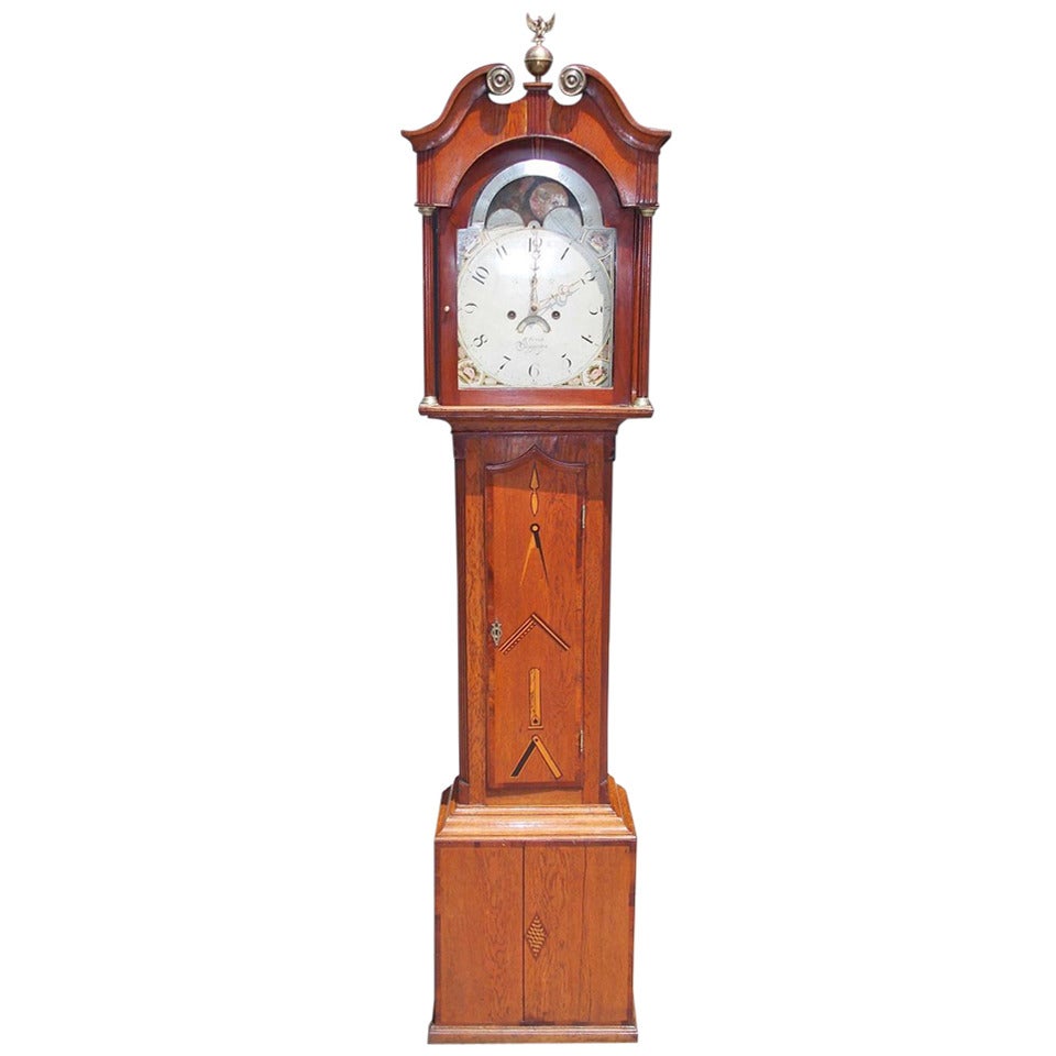 English Masonic Oak Tall Case Clock  H. Peach.  Circa 1820