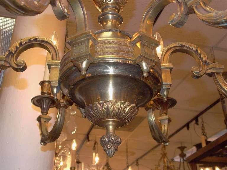 French Gilt Bronze Central Urn Finial Six Arm Acanthus Foliage Chandelier C 1840 For Sale 1