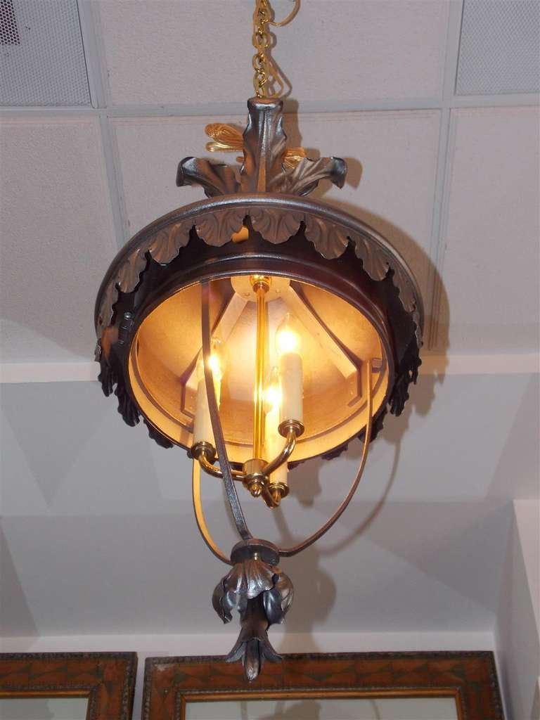 Italian Polished Steel and Brass Hanging Lantern In Excellent Condition For Sale In Hollywood, SC