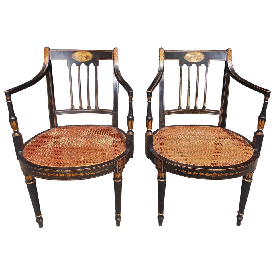 Pair of English Regency Stenciled and Gilt Armchairs, Circa 1790 For Sale