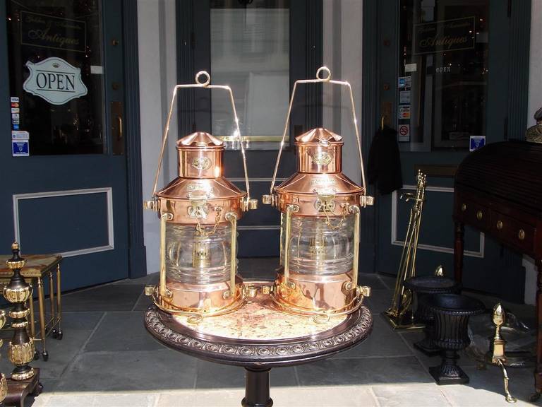 Pair of Copper and Brass Neptune Anchor Lanterns. Early 20th Century