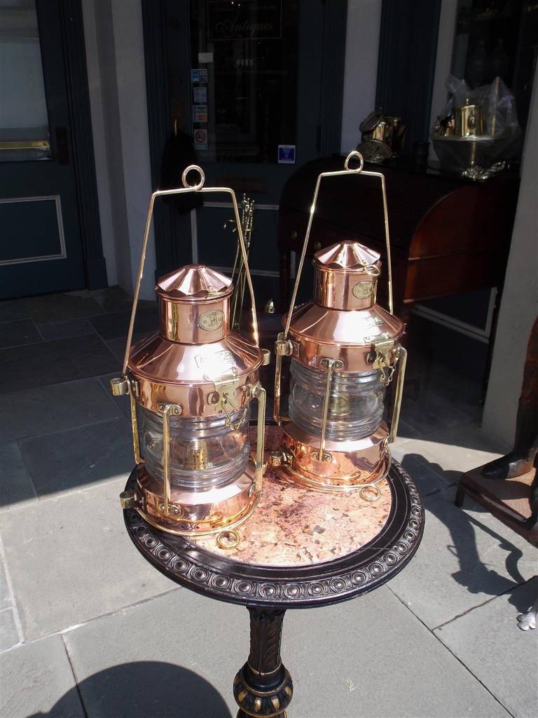 Pair of Copper and Brass Neptune Anchor Lanterns. Early 20th Century at