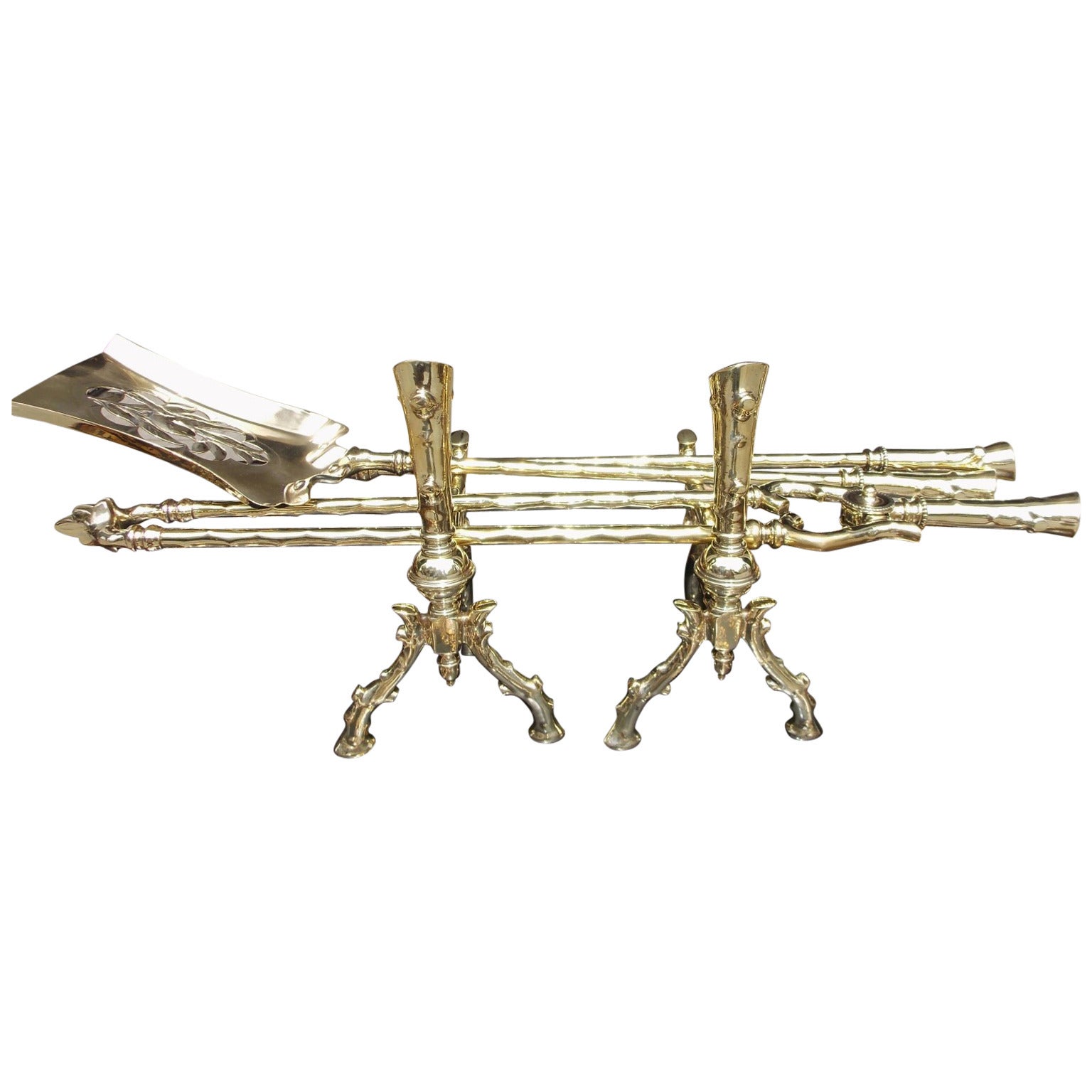 Set of American Brass Fire Tools on Matching Creepers, Circa 1850