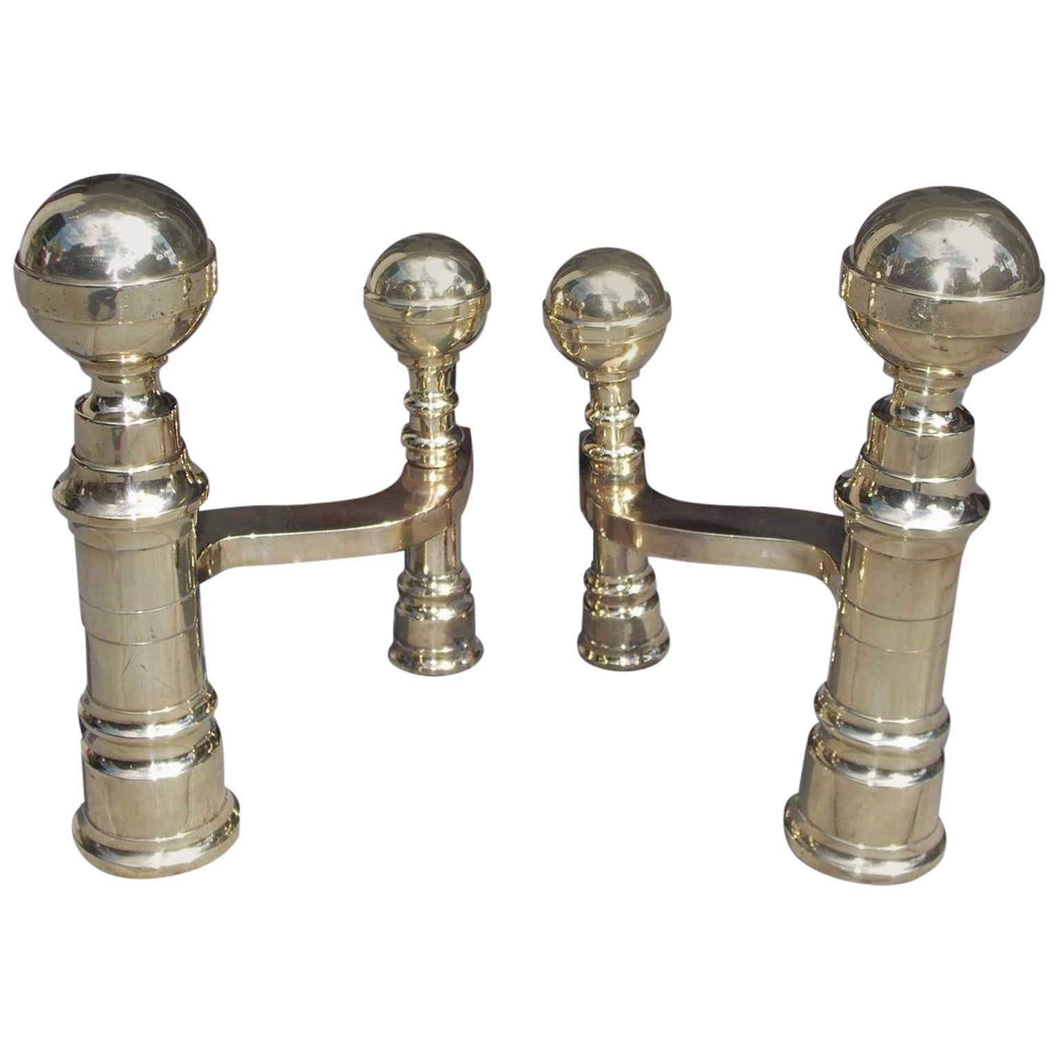 Pair of American Brass Ball Top Andirons, Boston, Circa 1800 For Sale